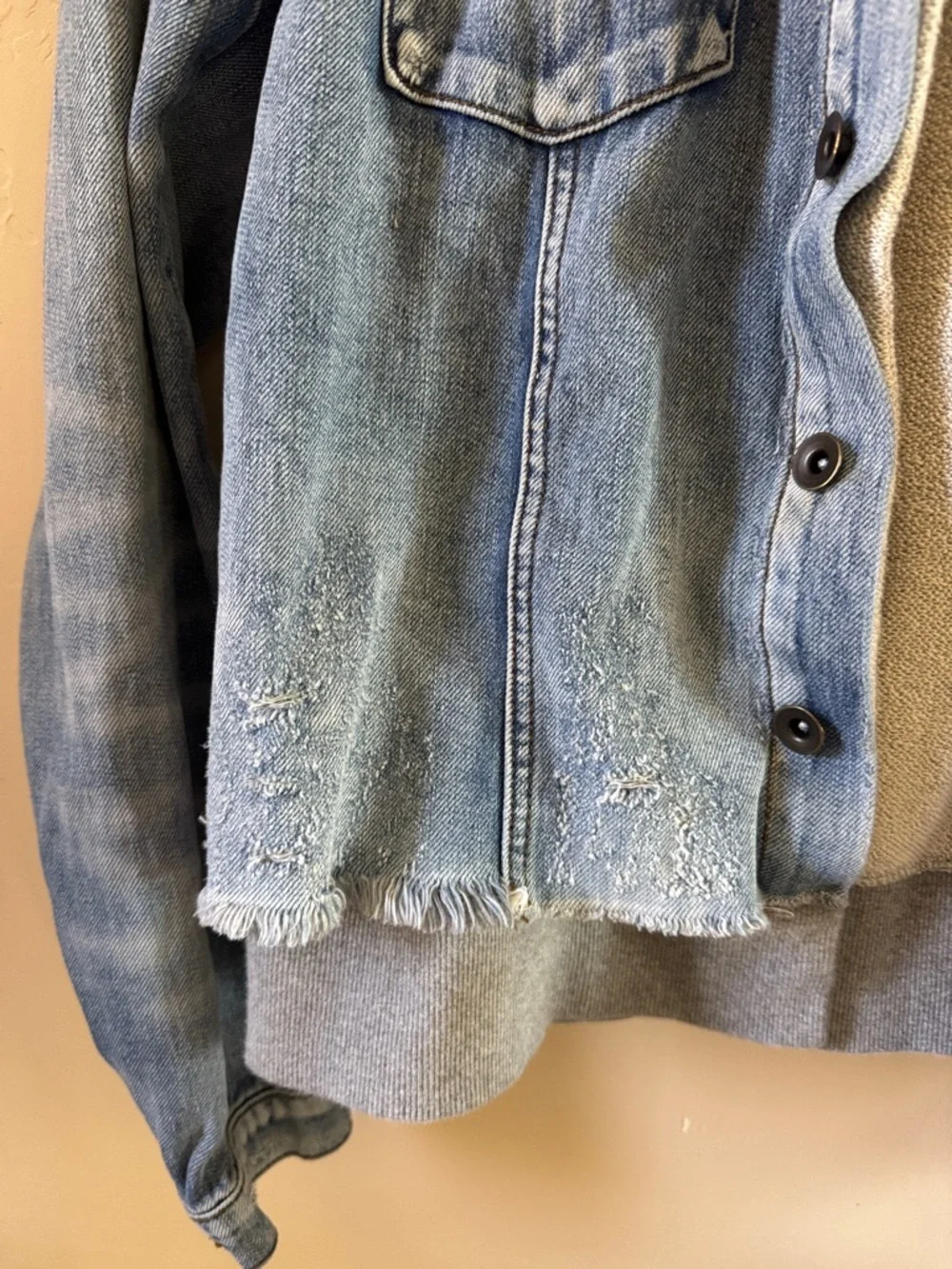 Free People Light Blue Distressed Denim Jacket with Heather Gray Hoodie - Picture 3 of 14
